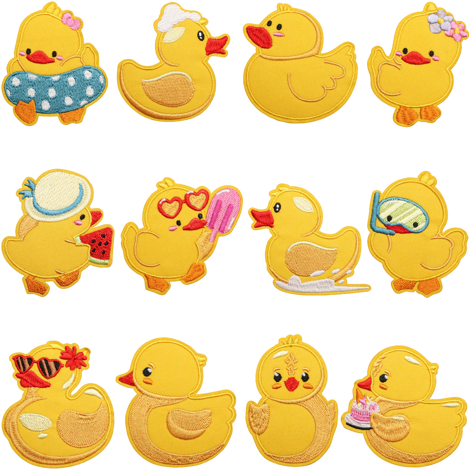 E-shop 12 Stück Niedliche Kleine Gelbe Enten Bestickte Aufnäher - Entzückende Kreative Bügel- oder Näh-Patches für DIY-Dekoration auf Kleidung,