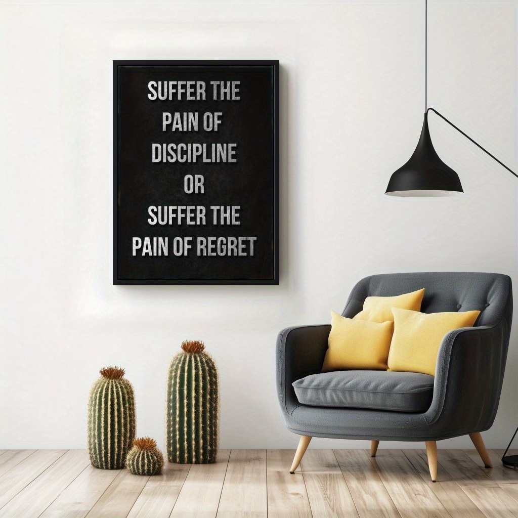 TEMU [2d Flat] 1pc Inspirational Canvas Wall Art - "either The Pain Of Discipline Or The Pain Of Regret" Motivational Quote Poster - Minimalist Black
