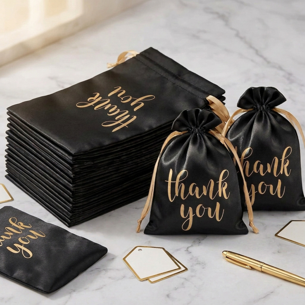TEMU Gift For Her/him 14 Black Satin Favor Bags With Golden "thank You" Script - 4x6 Inch Drawstring Gift Pouches For Wedding, Baby Shower, Birthday