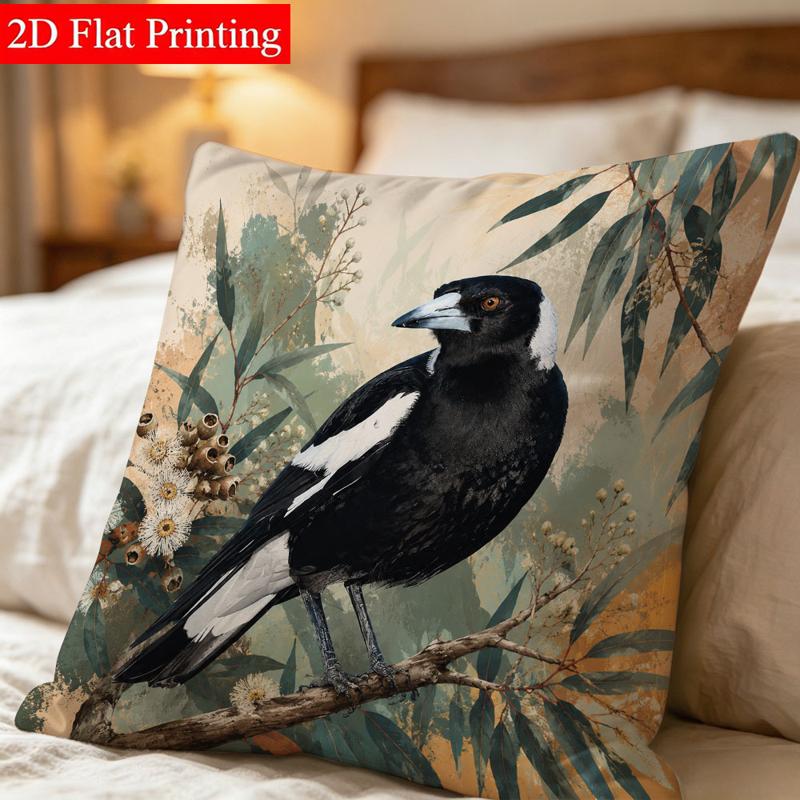 TEMU Australian Style Cushion Cover, 45 X 45 Double-sided Printed, Black And White Magpie And Eucalyptus Pattern, Soft Decorative Pillowcase For