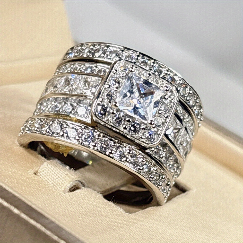 925 Sterling Silver Princess Square Zirconia Ring, Three-Piece Set, Halo Set, Women'S Wedding Ring