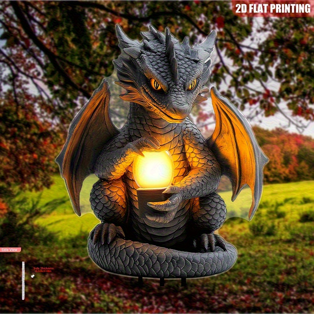 E-shop 2D Flach, Drachenlaterne Gartenstake mit leuchtender Flamme - Outdoor/Plastik-Drachefigur mit realistischen glühenden Augen & aussehende Zähne,