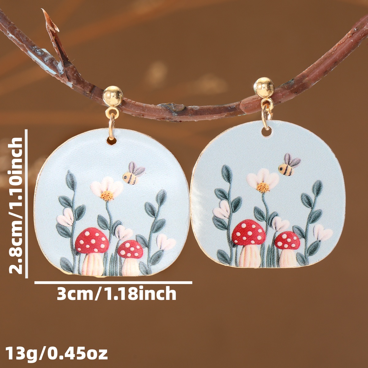 Women's Mushroom Floral Bee Print Pendant Earrings, Cute Style