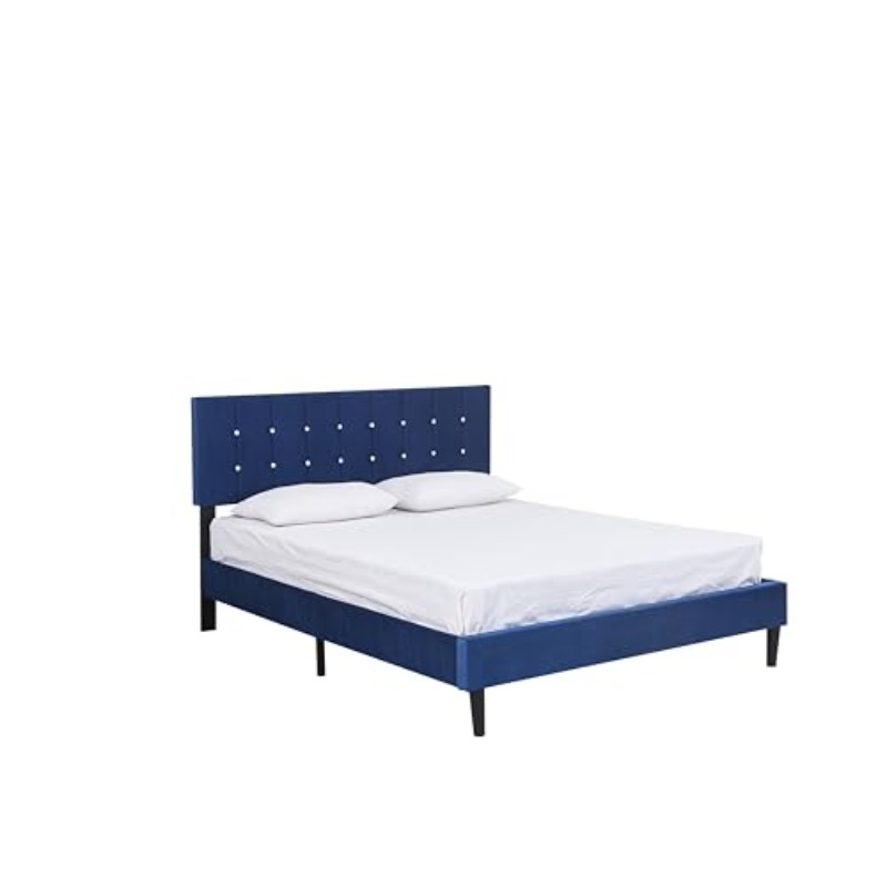 Charlston Full Size Bed Frame with Headboard - Royal Blue Velvet Suitable for Mattress Support, Retro Boxed Bed Base with Plush Cover, Easy Assembly, Non-Wood, Suitable for Mattress, Base for Modern Bedrooms