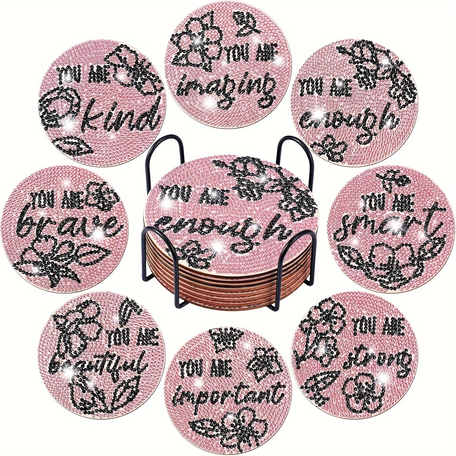 TEMU 8/set Diy Round Quadrilateral Diamond Painting Coaster Kit Language Pattern Coaster Suitable For Home Decoration And Gifts