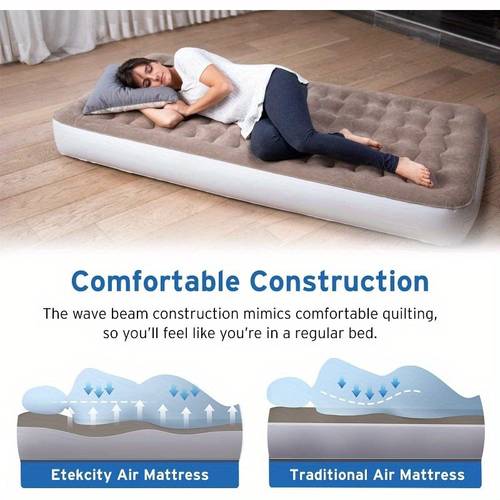 twin size camping air mattress with wireless rechargeable pump 90 second inflation 9 raised height 2 in 1 puncture resistant flocked top high quality pvc storage bag for camping hiking guest bed brown air mattress for camping outdoor sleeping durable construction