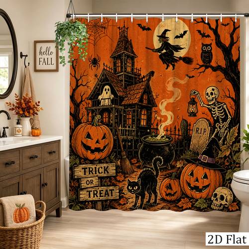 item picture 2d flat 1pc halloween 2d flat vintage spooky shower curtain jack o lantern skeleton black cat bats rustic scene bathroom decor bathtub partition hanging curtain 70 8x70 8 inch with 12 hooks 2d flat