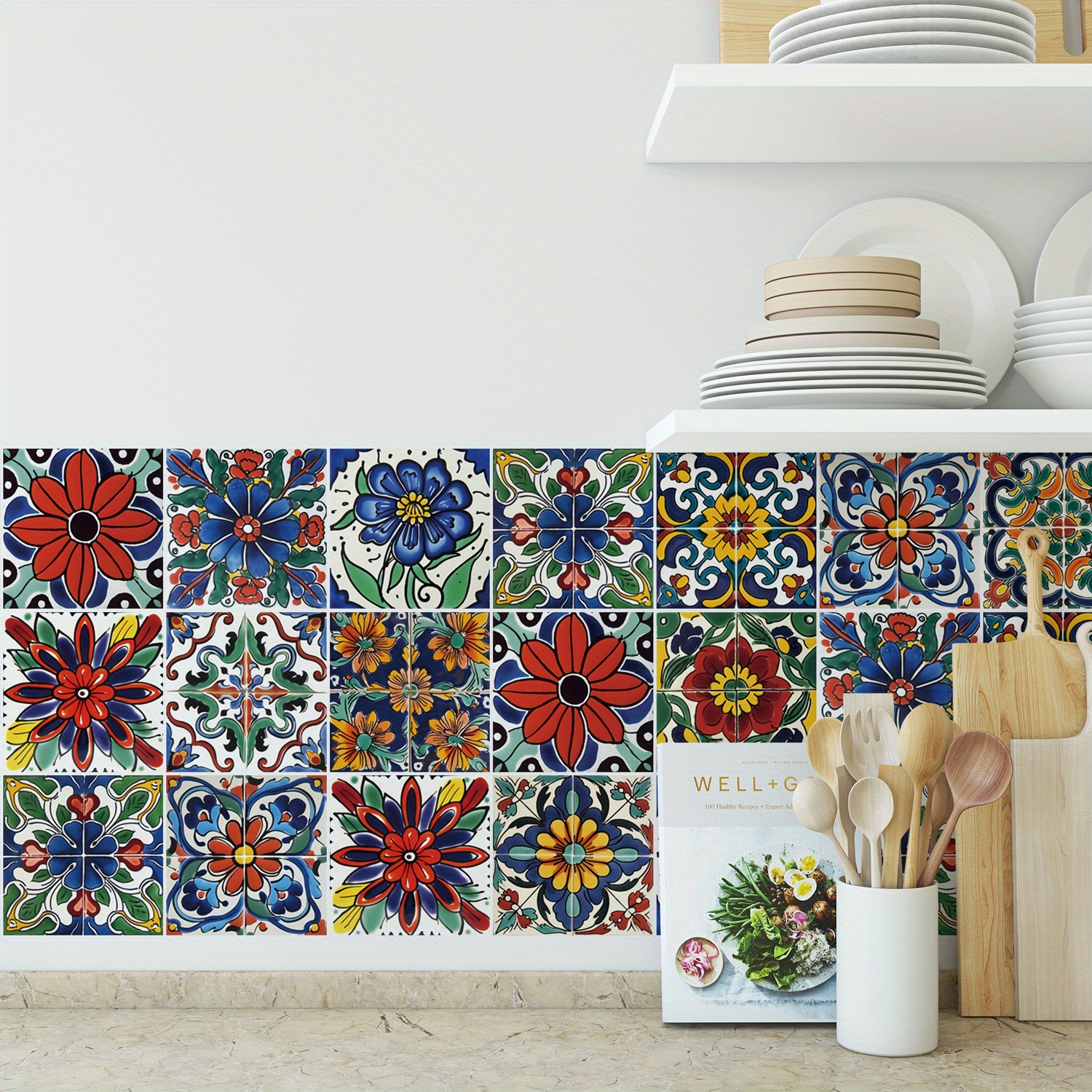 

24pcs Bohemian Vinyl Wall Stickers, Hand- Floral Tile Decals, Waterproof Self-adhesive Kitchen & Bathroom Decor, 4x4 Inch, , Plant Theme, Single Use