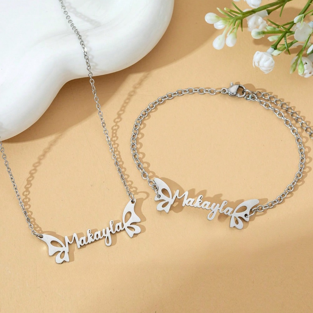 TEMU Custom Bracelet Necklace Set, Personalized Jewelry Set With Custom Name Necklace And Bracelet, Initial Engraved Family Jewelry For Christmas,