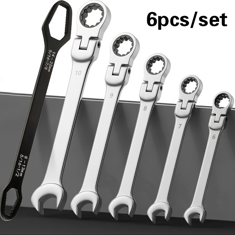 72-tooth 180° Flexible Head Ratchet Wrench Set 6pcs Metric 6-10mm Dual End Steel Tool Kit For Auto Motorcycle Bike Repair