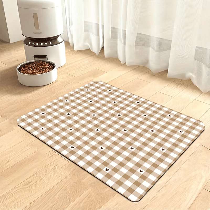 TEMU 1pc, Heart Checkered Full Print Pet Feeding Mat, Rubber Non-slip Water-absorbing Placemat, Utensil Drying Mat, Easy To Clean, Best Gift For Pet