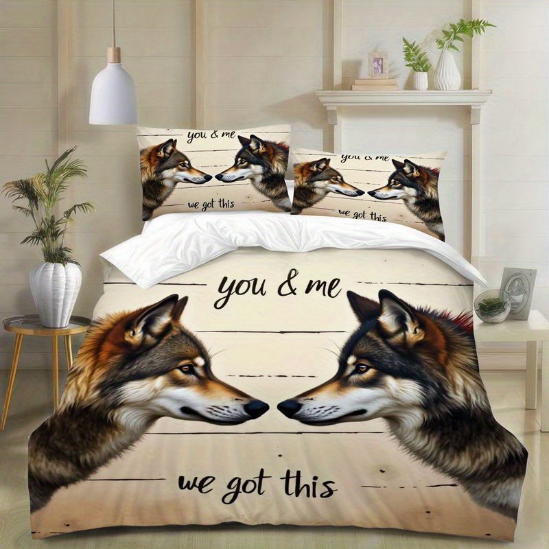 3pcs wild wolf couple printed bedding romantic quote design duvet  , rustic country style bedroom decor, soft microfiber quilt for master   home, beige brown   duvet  +2 pillowcases, home decoration, cozy bedroom, romantic design, couple theme, durable fabric,   bedding, pillowcase set, printed bedding set,   enthusiasts, couples gift Product details 3