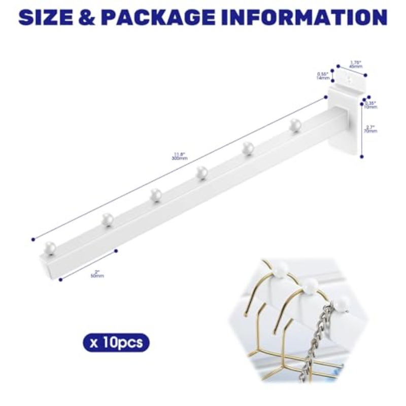 10pcs 12 inch 6 ball waterfall   hooks heavy duty metal slat wall hanging hooks shelving pegs panel additions for clothing retail   display white
