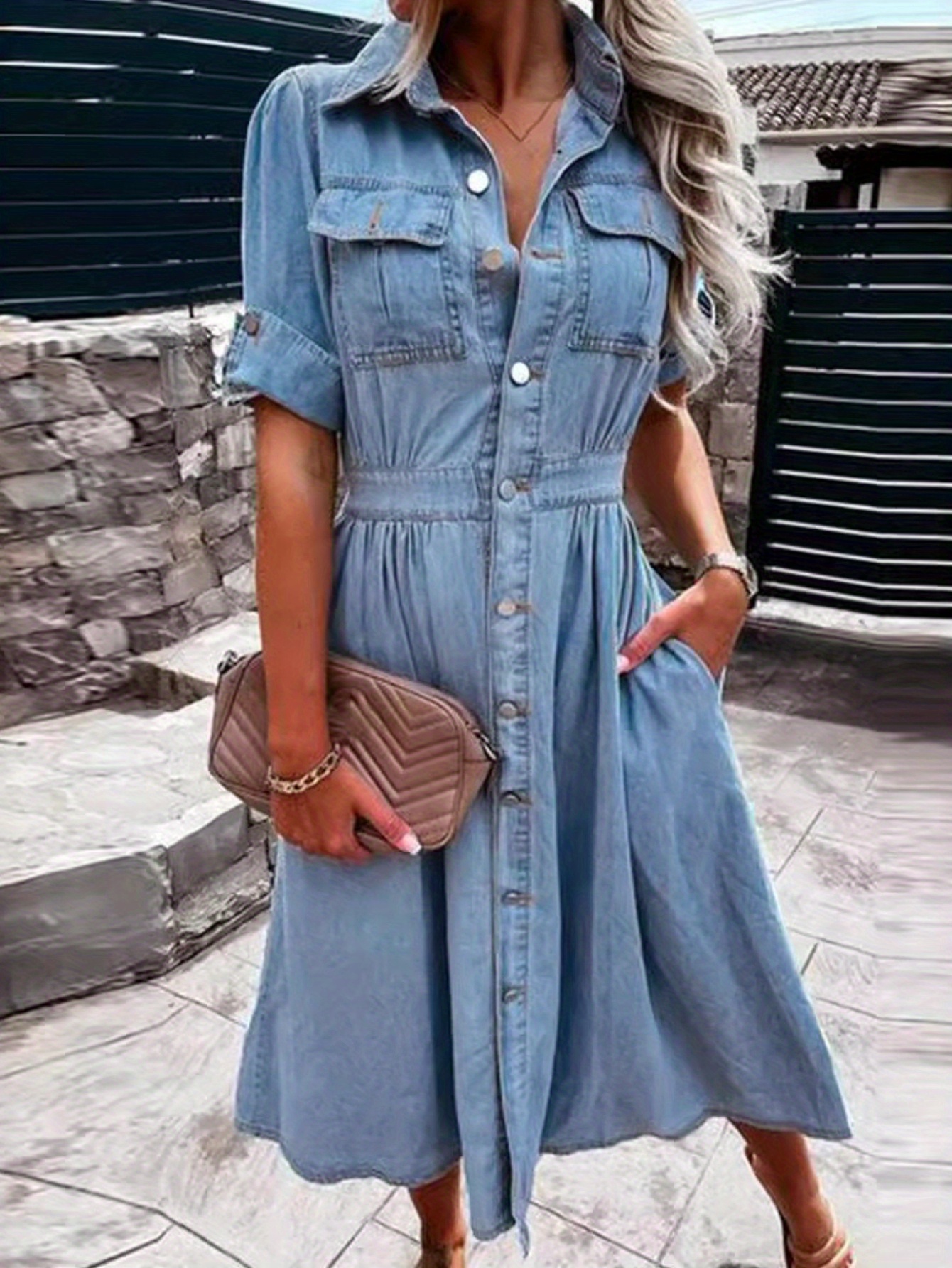Fashion Dresses Warehouse Western Denim Midi Shirt Dress Denim