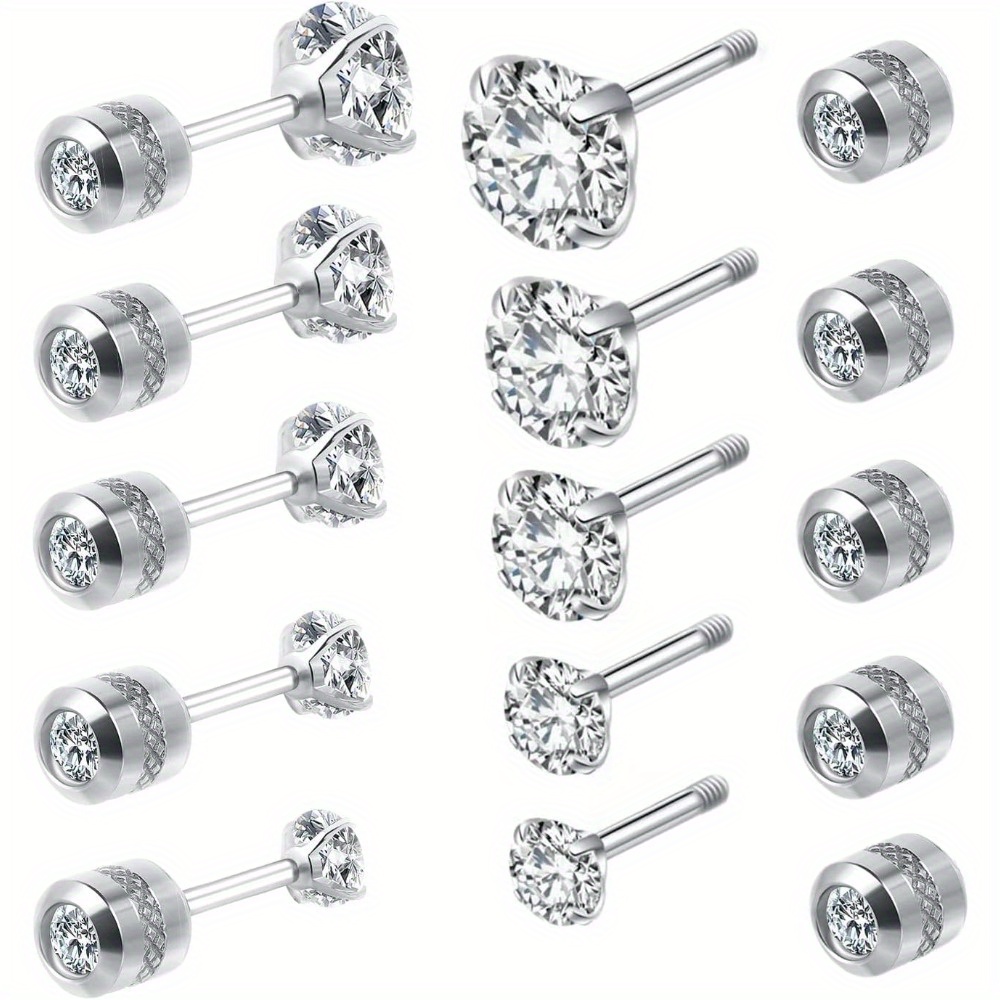 TEMU 5pcs Screw Back Stud Earrings Set For Sensitive Ears, Double Sided Round Cubic Earrings For Women Men