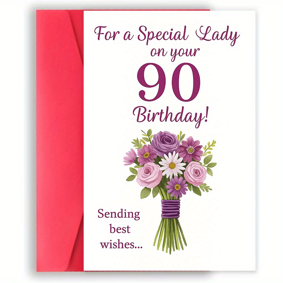 TEMU 1pc 90th Birthday Card For Special Lady With Bouquet, Sending – Celebrating A Milestone Birthday With Love And Warmth. Ideal For Family, , Or