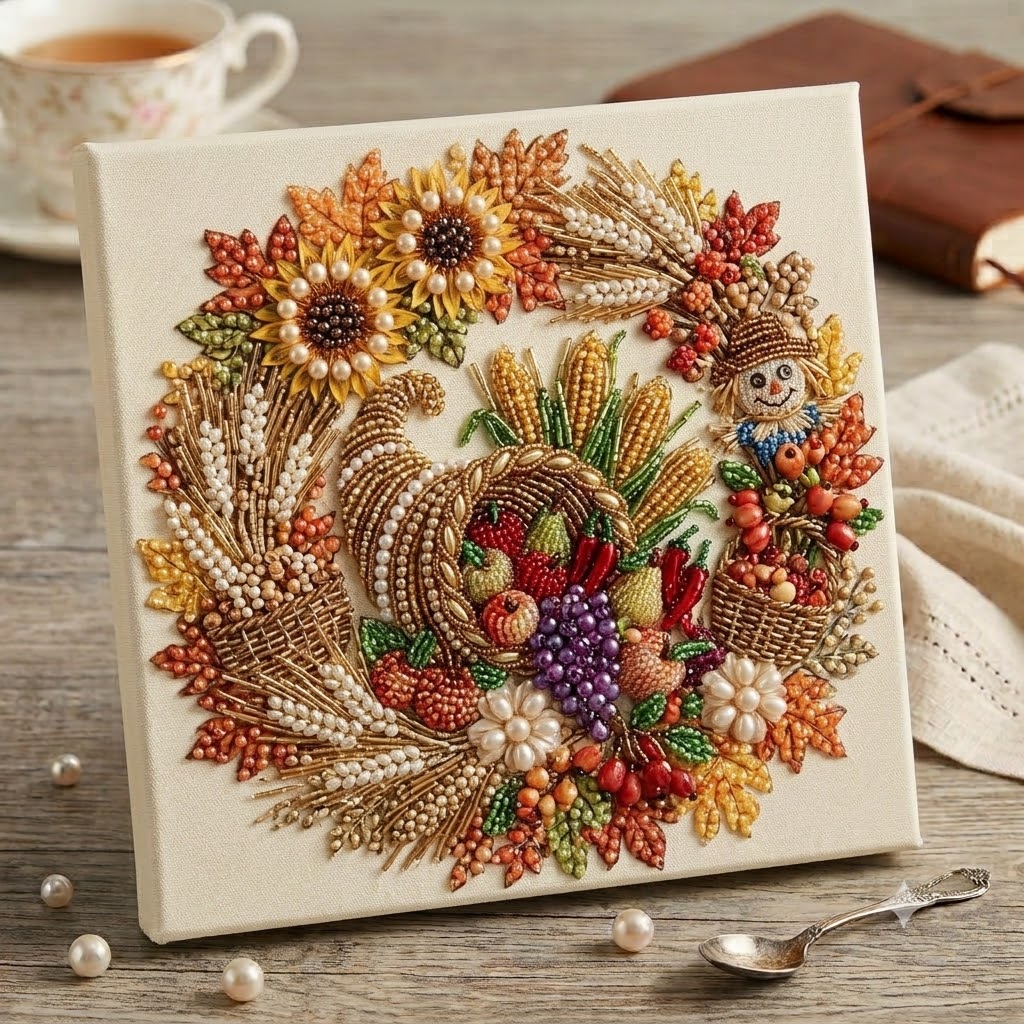 TEMU 5d Handmade Pearl Diamond Painting, Handmade Diamond Sticker Painting Pumpkin Sunflower Wreath Canvas/desktop Ornament, Country Style, Living