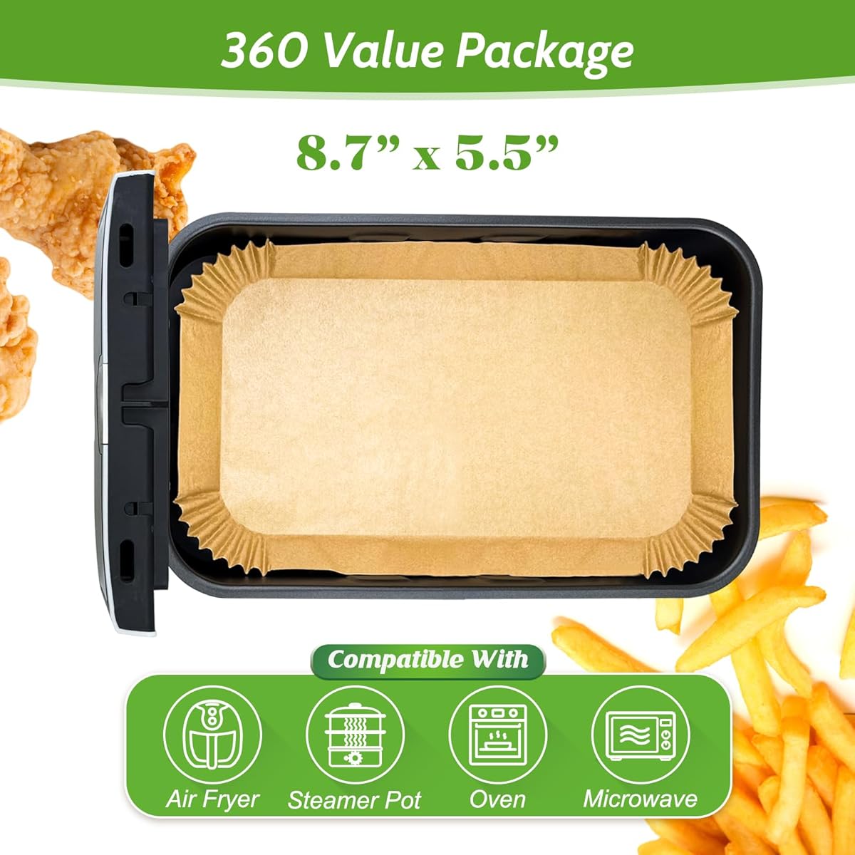 360pcs 8. 7 x 5. 5 unbleached heavy duty air fryer paper liners disposable,   & non-leak parchment paper liners for airfryer basket, deep fryer parts & accessories, air fryer liners non stick, special paper for airfryer, air fryer  , cooking accessories, kitchen essentials, disposable liners, nonstick design, leakproof liner,   liner, baking liners, meal preppers, home cooks Product details 2