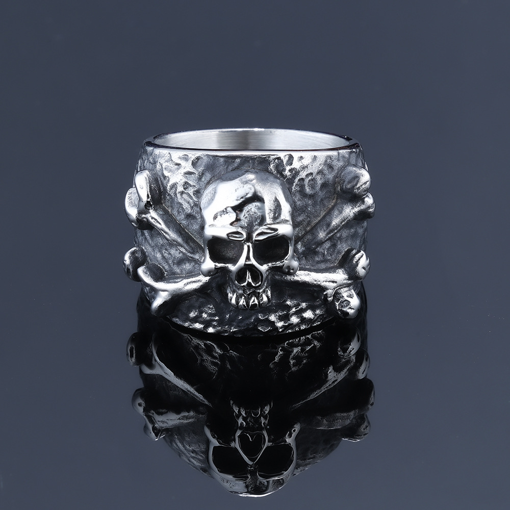 TEMU Vintage Antique 304l Stainless Steel Skull And Band Ring For Men, Rugged Texture Embossed , Trendy Dark Fashion Accessory