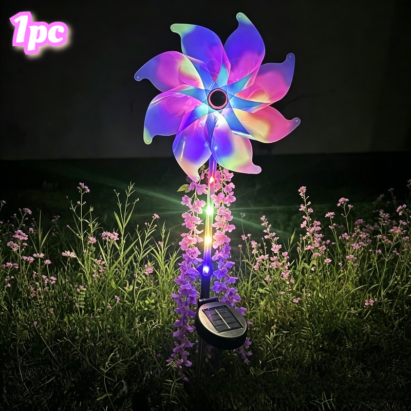 TEMU Solar-powered Wind-activated Rotating Windmill Led Light, Rgb, Suitable For Gardens, Ip65, Courtyard Decoration, Ambient Lighting, Gift. Ideal