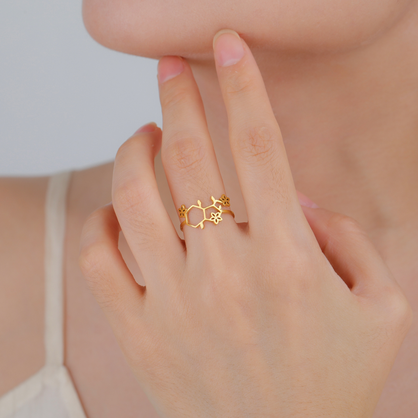 Adjustable Stainless Steel Serotonin Molecule Ring Hypoallergenic Jewelry