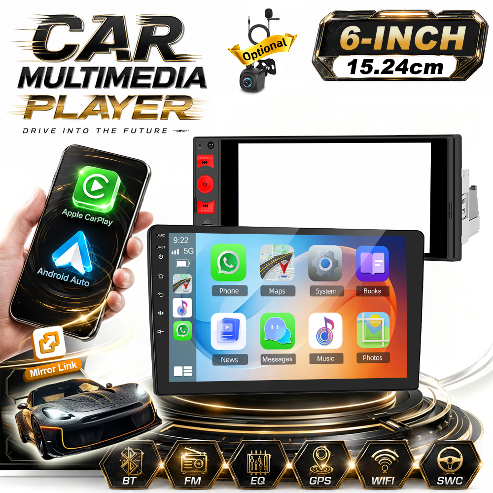 And Auto 15 Car Radio, 6' Hd Touchscreen 1 Din Multimedia Player With 2gb+64gb, Gps, Wifi, Wireless, Fm/rds, Steering Wheel Control, Split-screen & Ahd Camera Optional
