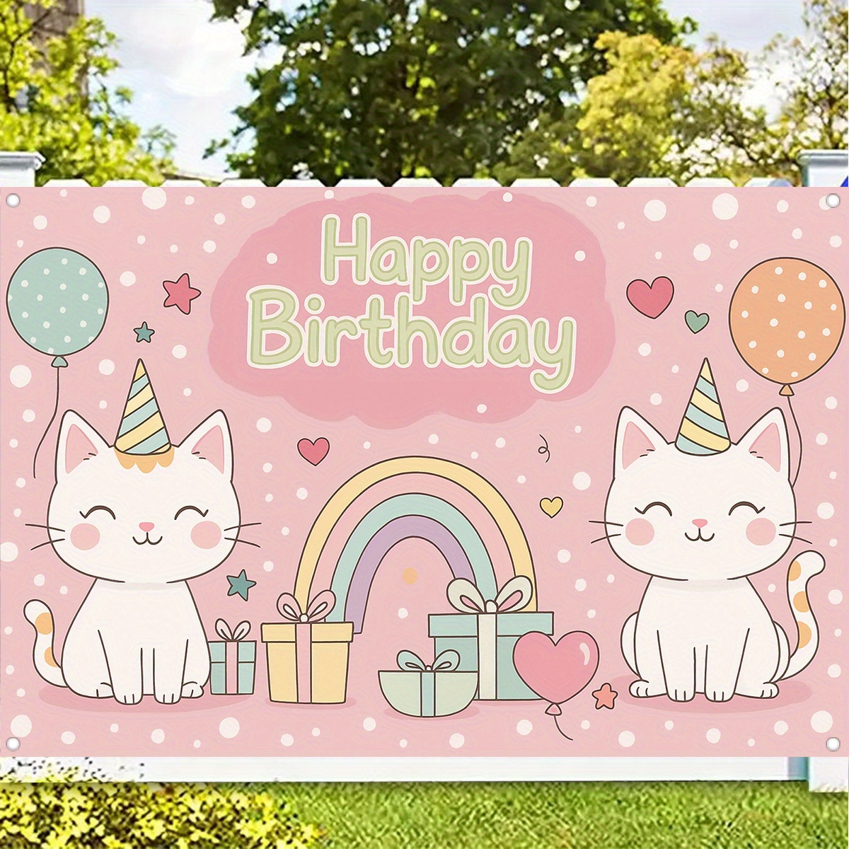 Happy Birthday Cat Face Banner Garland - Macaron Sign Bunting, Kitty Party Backdrop Decor