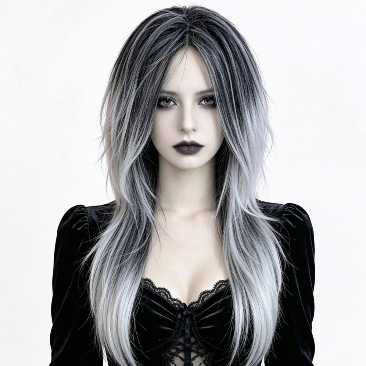 TEMU Long Layered Wolf-tail Synthetic Wig For Halloween And Themed Parties, Black And Silvery Ombre Center-part Women's Wig, Fluffy And Textured,