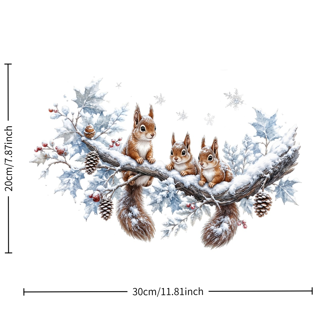 TEMU 1pc Winter Squirrel Window Sticker, 3pcs Brown Squirrels Snowflakes Branches Pine Cones Red Berries, Double-sided Static Window Decal, Suitable