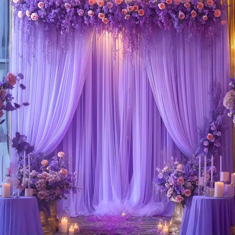 TEMU 2pcs Purple Party Backdrop Sheer Curtains - 118x59 Inch Soft Polyester Fabric For Weddings, Bridal Showers, Graduations - Indoor/outdoor Decor,