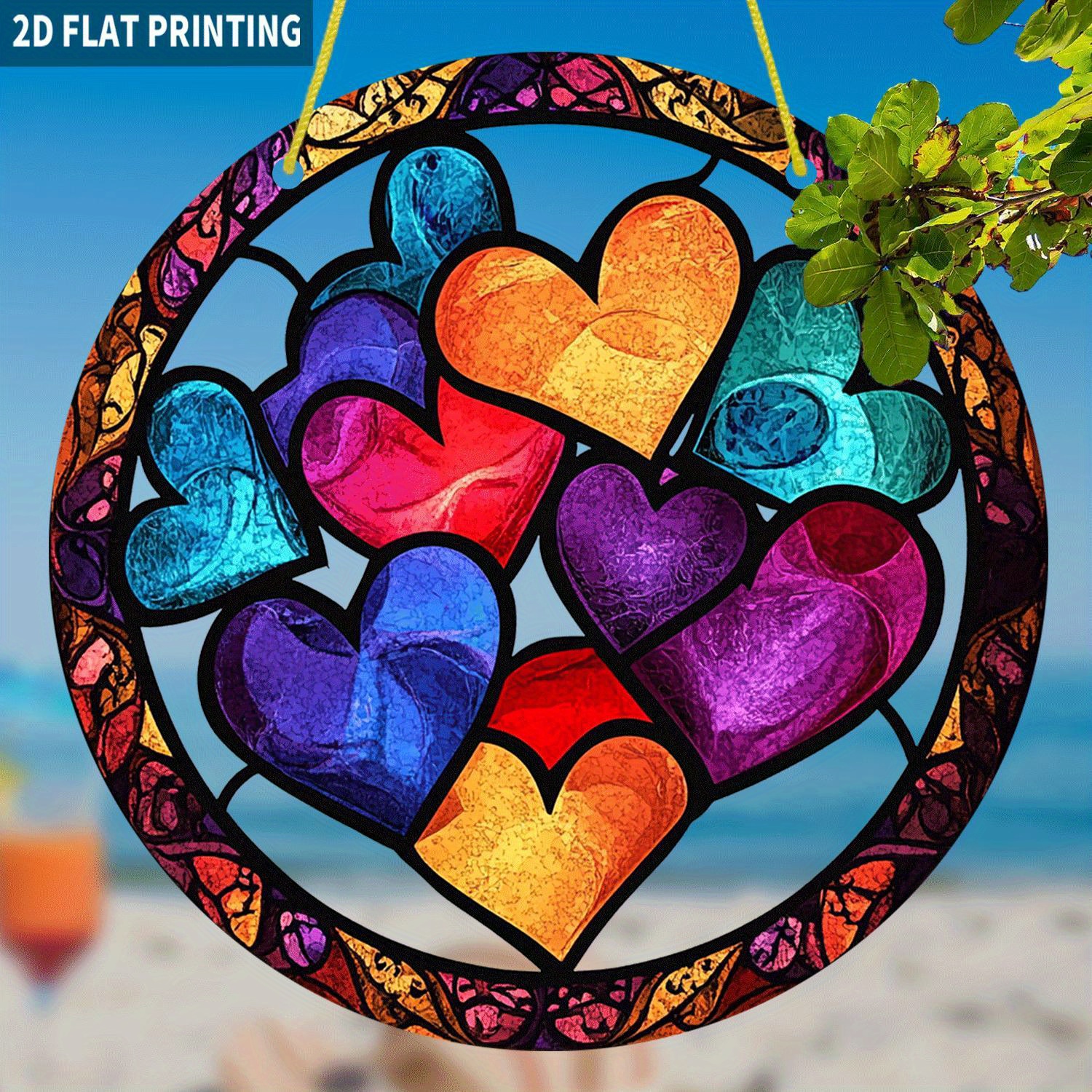 TEMU 2d Flat, Bohemian Multicolor Heart Sun Catcher Window Hanging Decor - 2d Suitable For Living Room, Bedroom, Wedding Gift, Vintage Wall Ornament