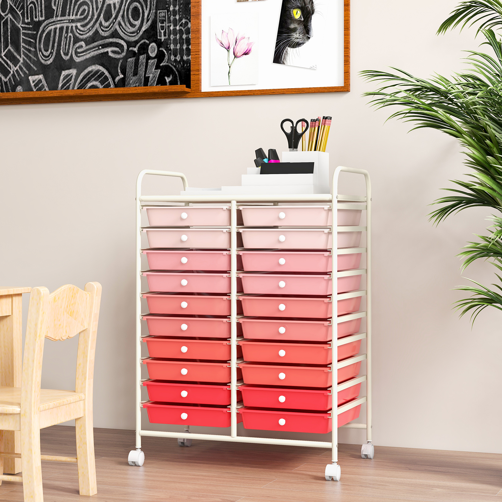   20 drawer rolling storage cart with lockable wheels heavy duty   500lb capacity mobile organizer 20 drawer pink gradient   removable dividers smooth sliding drawers space saving storage for home   craft room plastic steel construction 35 5 x17 7 x28 9 plastic storage drawer office organization and storage rolling cart storage with wheel rolling cart with wheel on drawer organizer and storage drawer rolling cart rolling