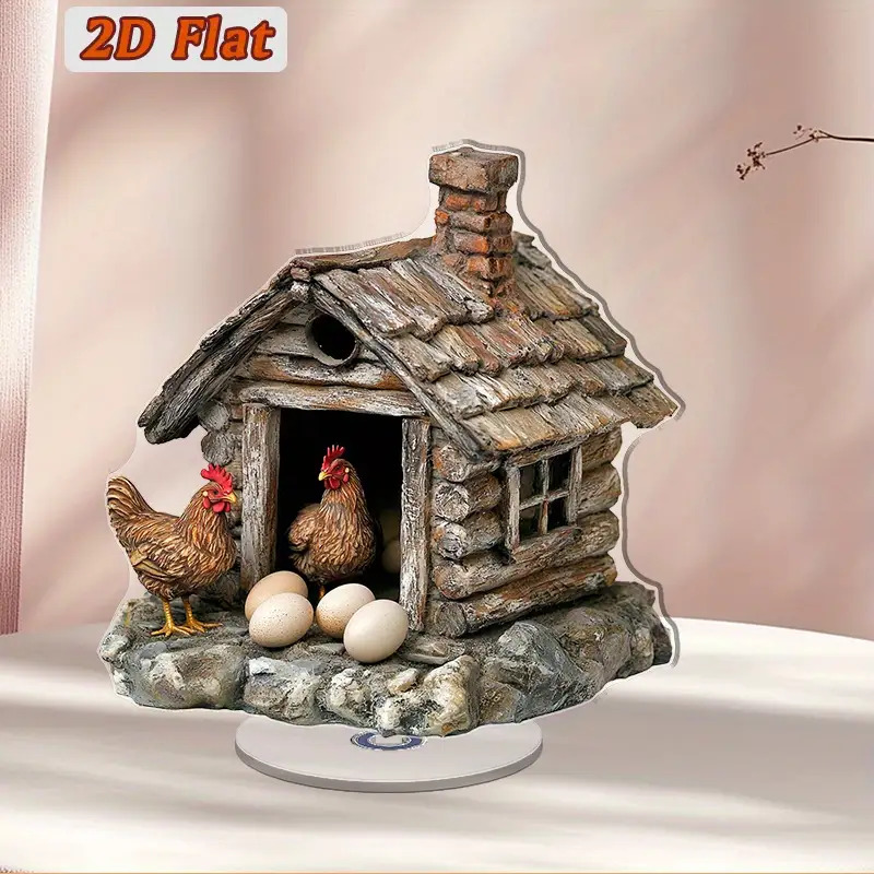TEMU 2d Flat, 2d Flat Rotating Acrylic Desktop Chicken Coop With Realistic Chicken And Eggs - Primitive Wooden House Design On Stone Base, No