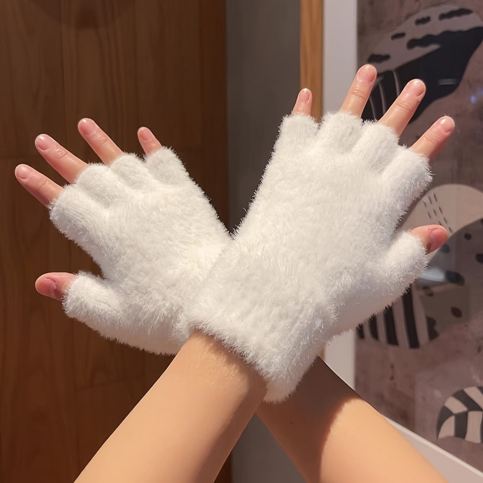 half finger winter plush gloves suitable for winter use simple windproof thickened casual thermal gloves writing gloves fingerless soft cycling gloves   in 3 colors