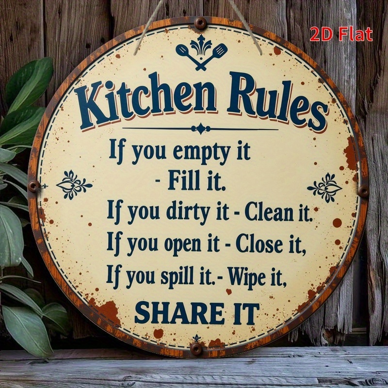 TEMU 2d Flat - [2d Flat] A Vintage-style Wooden Sign Featuring Kitchen Rules, Suitable For All - A Round Wall Decoration With Floral Designs, Perfect