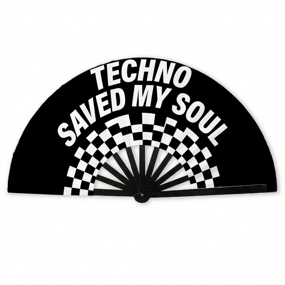 TEMU 1pc Techno And Underground Club Portable Folding Fan For Travel Techno Print Folding Fan