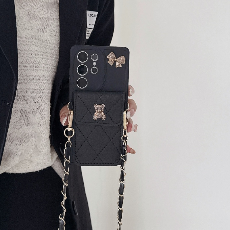 TEMU Phone Case - Fashionable Checkered Bow Bear Card Holder With A Crossbody Chain Strap And Phone Protection Case For For Galaxy Models
