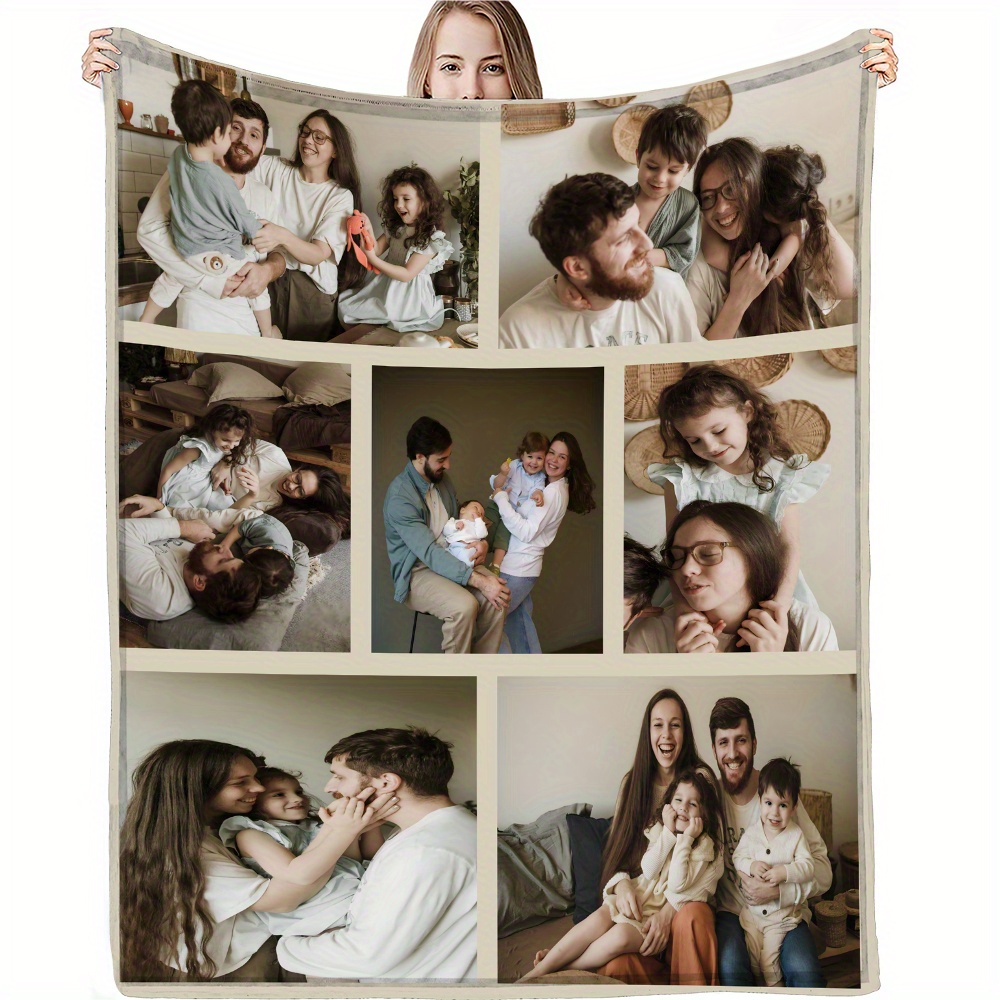 

Customizable Photo Flannel Throw Blanket, 1pc Personalized Memory Quilt, Soft Warm Blanket For Office, Bed, Sofa, Armchair, Knitted Polyester Blanket, Machine Washable, Ideal Birthday Gift For