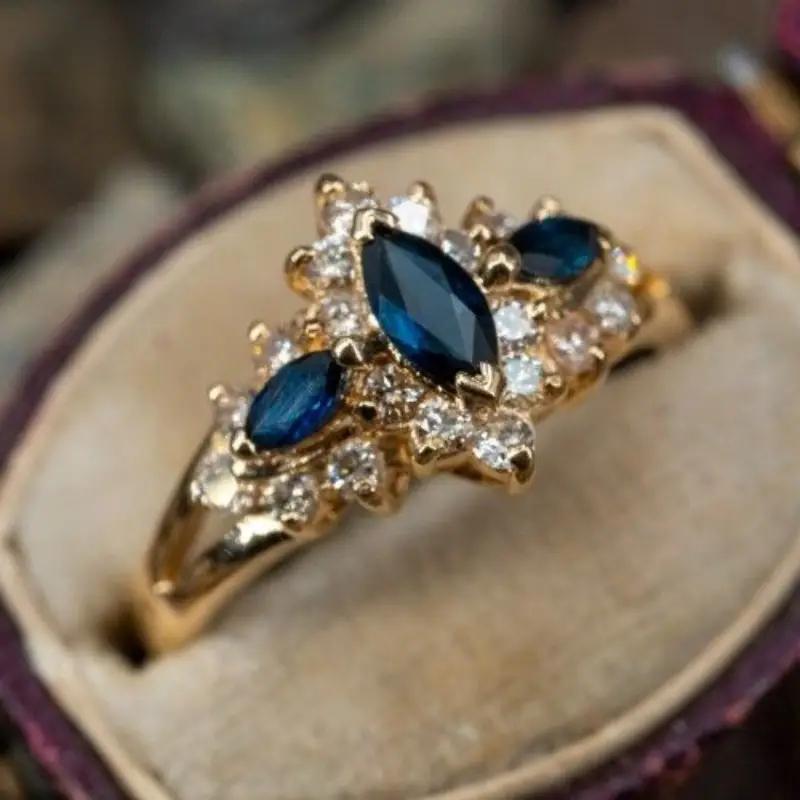 TEMU Elegant Blue Zirconia Floral Ring For Women, Daily Wear, Banquets, Weddings, Vintage Anniversaries, And As Jewelry Gifts