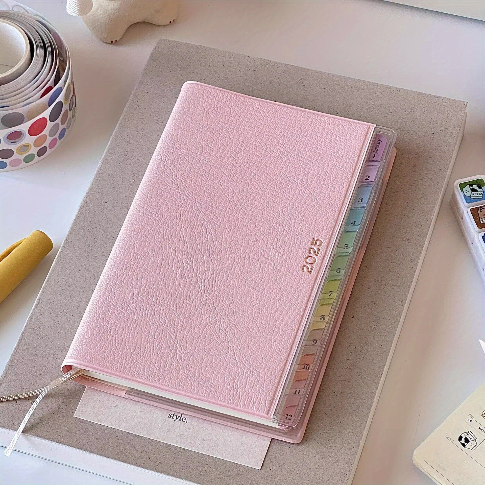 

1pc Pink Leather Weekly Planner Notebook With Rainbow Index Tabs - Monthly & Weekly Agenda, , Ideal For Students