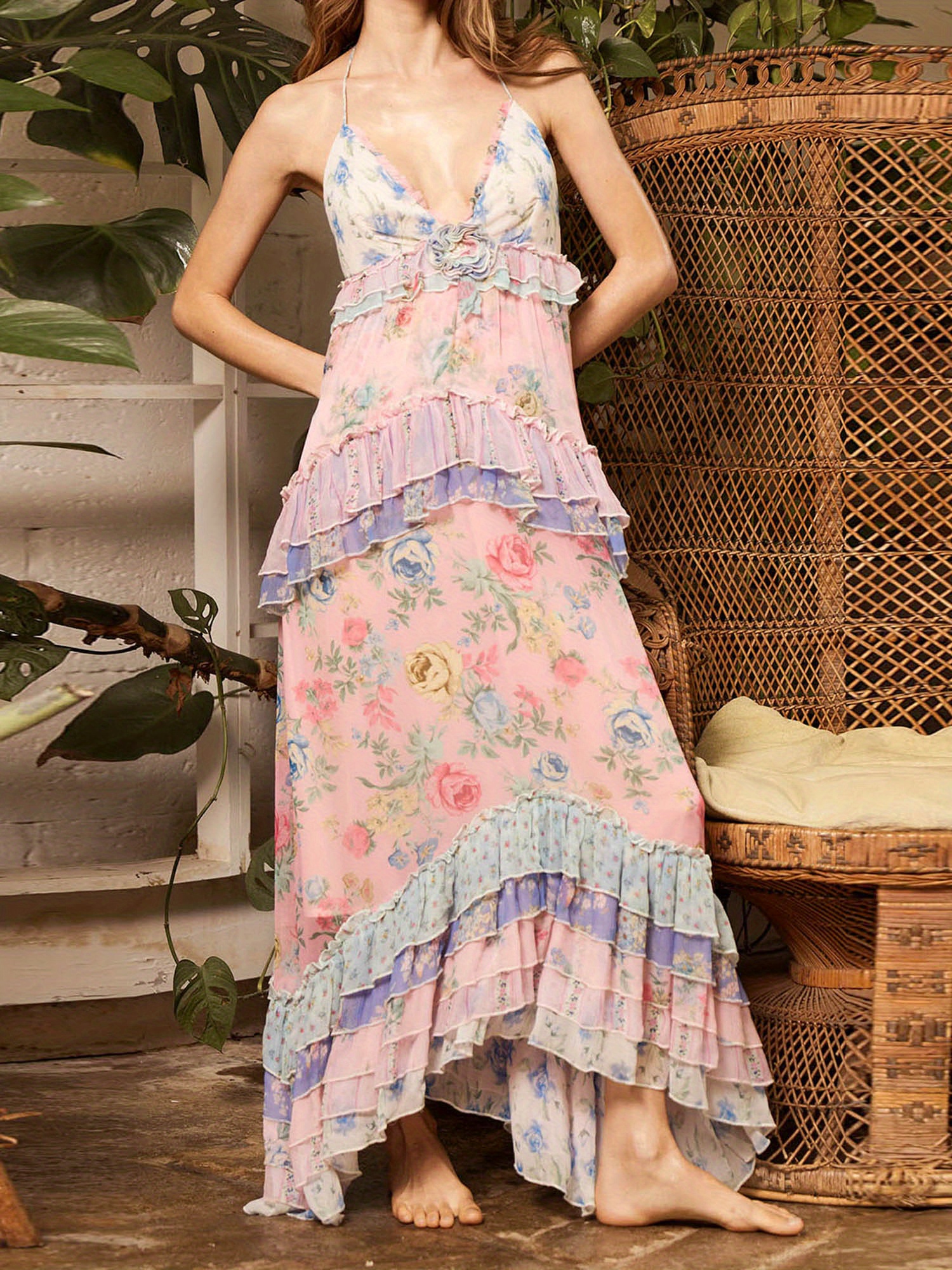 1pc elegant floral print sleeveless v-neck halter maxi dress for women,  polyester swing dress with tiered ruffle skirt - women's clothing - Temu