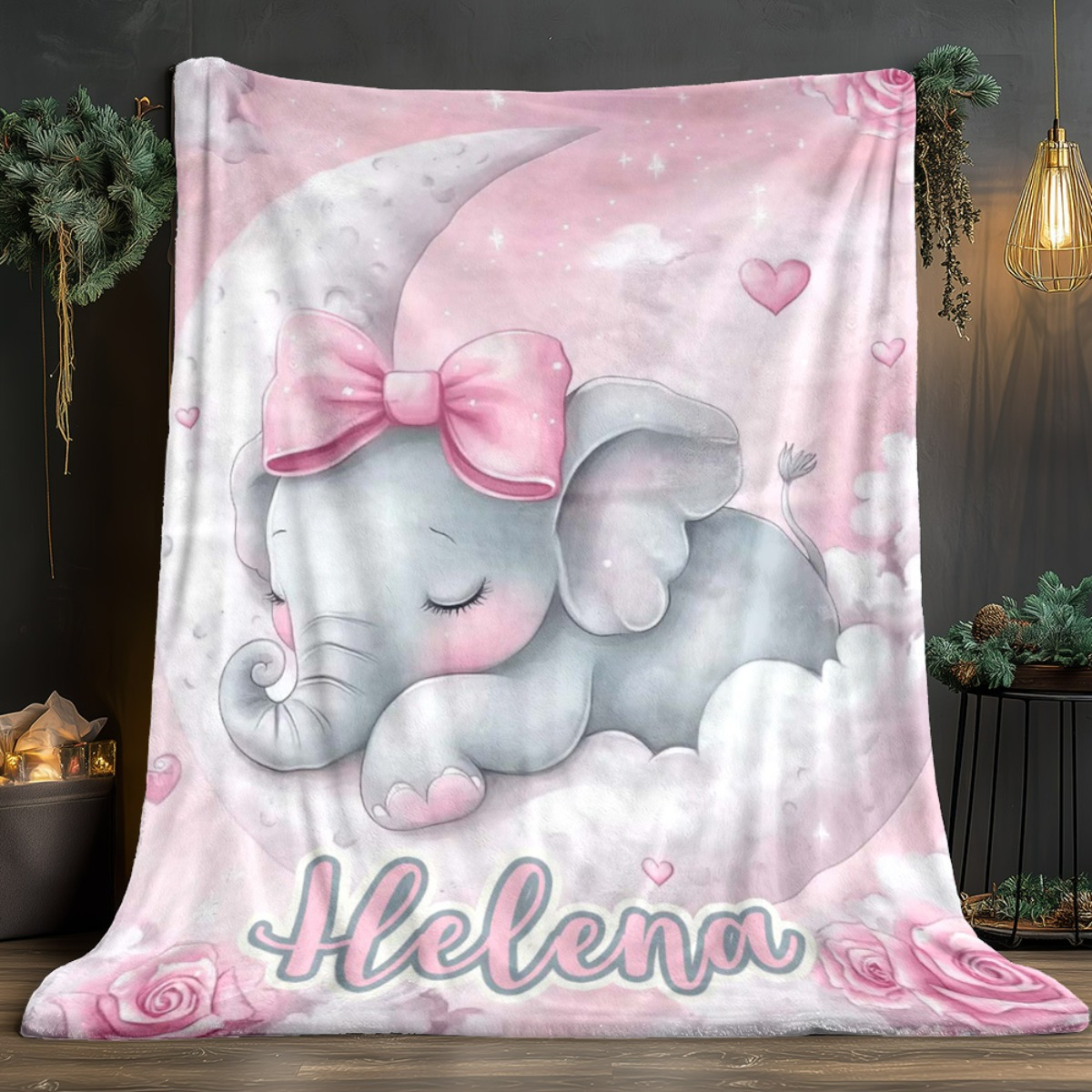 Image of 1 Cute Pink Elephant Customized Name Portable Blanket - Suitable For Sofas, Travel, Camping, Bedrooms, Living Rooms, Offices, 280gsm, All Year Round, For Use In Air-conditioned Rooms In Summer.