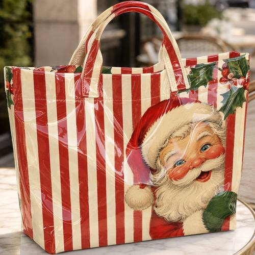 vintage santa claus tote bag suitable for shopping large capacity pvc handbag with red white striped holly christmas print tape closure casual shoulder bag for daily weekend holiday gift