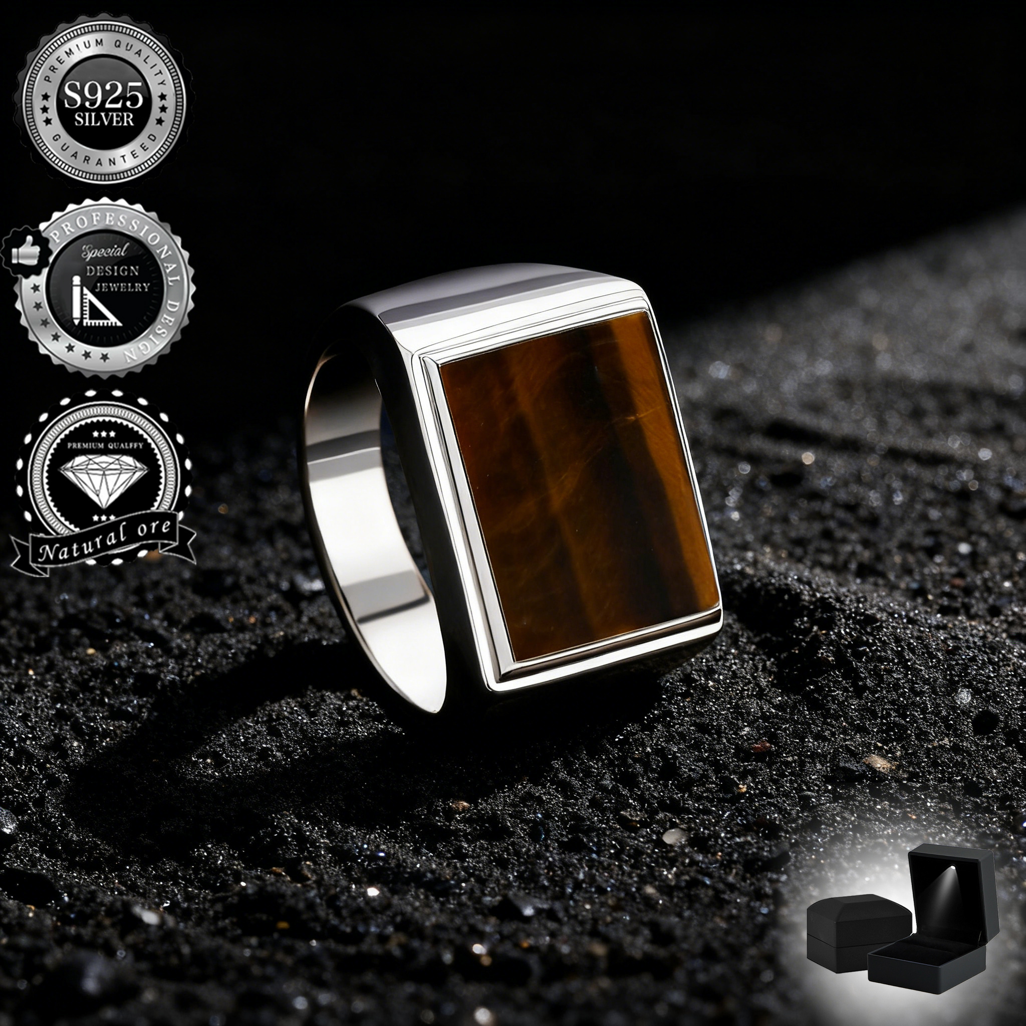 S925 925 Silver Ring| Rectangular Eye Gem, Sleek Polished Design, Hypoallergenic| Suitable For Daily Wear, Holiday Gifts, , Fathers & Dad| Statement Ring ( With Gift Box), Without Battery