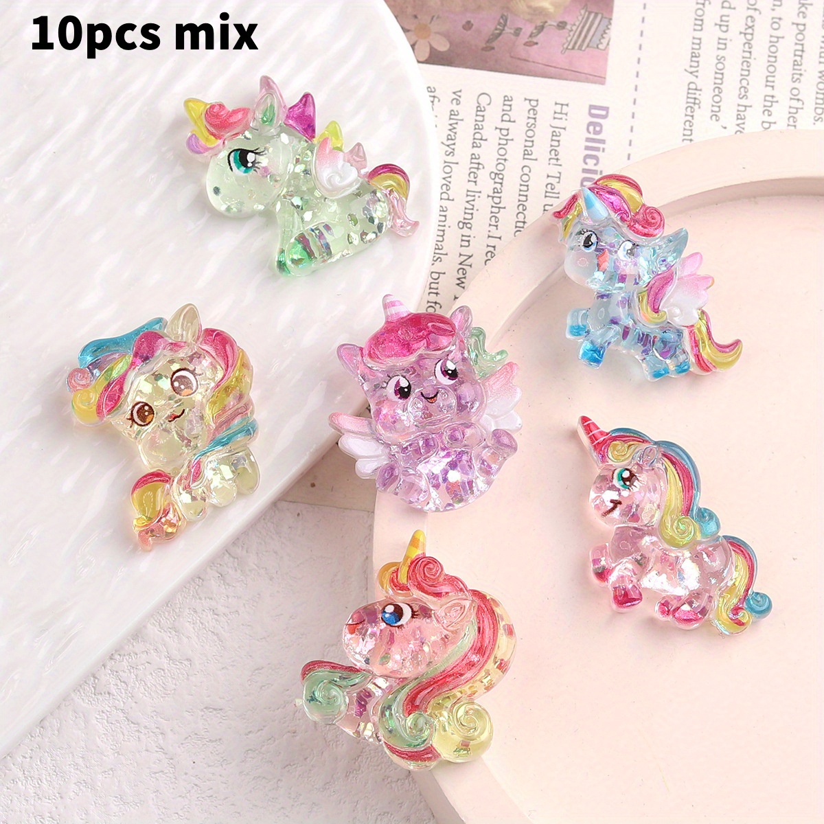 10pcs Colorful Fine Glitter Unicorn Resin Additions Patches, Used For Handmade, Jewelry Making Hairpin Hair Rope Additions Materials