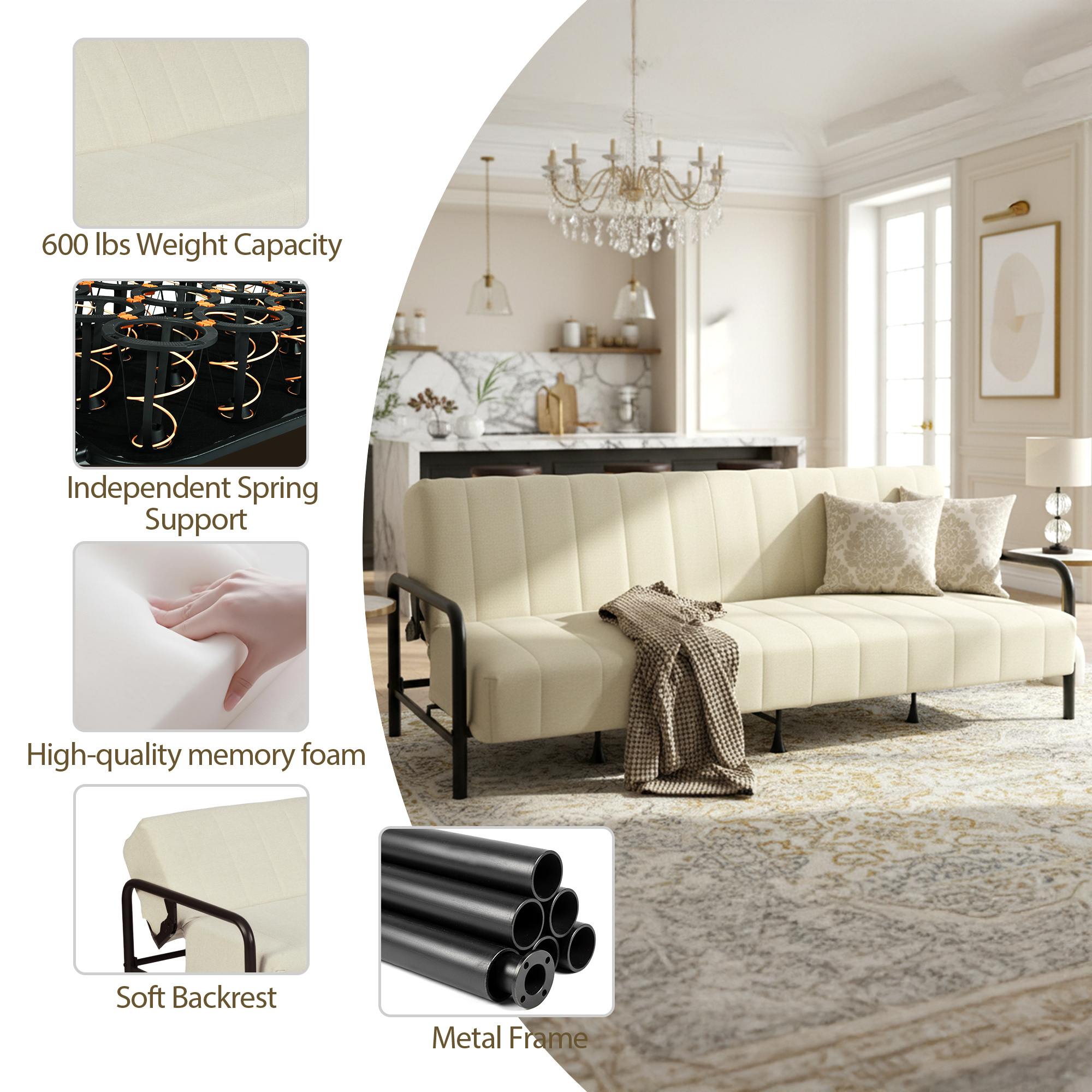 Modern Convertible Upholstered Sofa Bed with Adjustable Backrest & Independent Spring Support - Heavy-Duty Metal Frame, 600 Lbs Weight Capacity, Smooth Flat Sleeper Bed for Small Spaces, Guest Room, Daybed - Assembly, Space-Saving