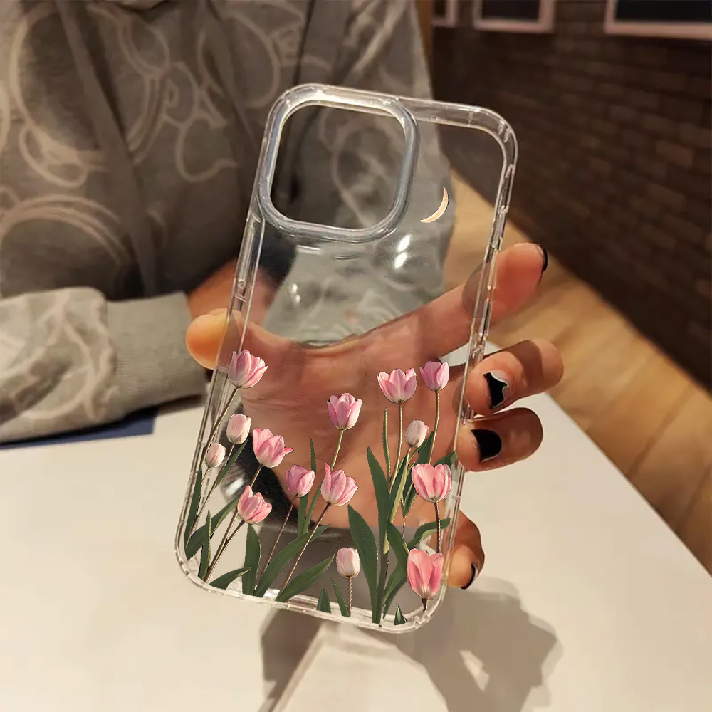 TEMU Pink Tulips Flower With Moon Cute Clear Phone Case Cover For Iphone 16 11 15 14 13 12 Pro Case Birthday Gifts For Mom Girls