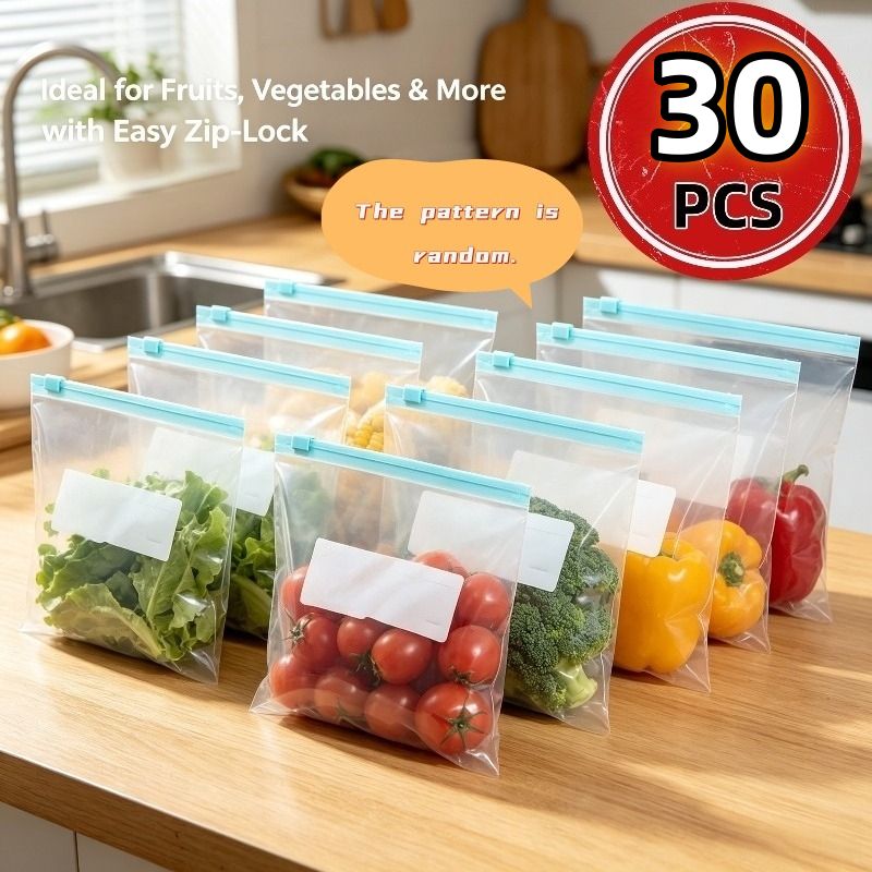 TEMU 30pcs Large Reusable Zippered Storage Bags With Random Patterns, Food Classification Storage Bags, Refrigerator , Kitchen Essential Sealed Bags,