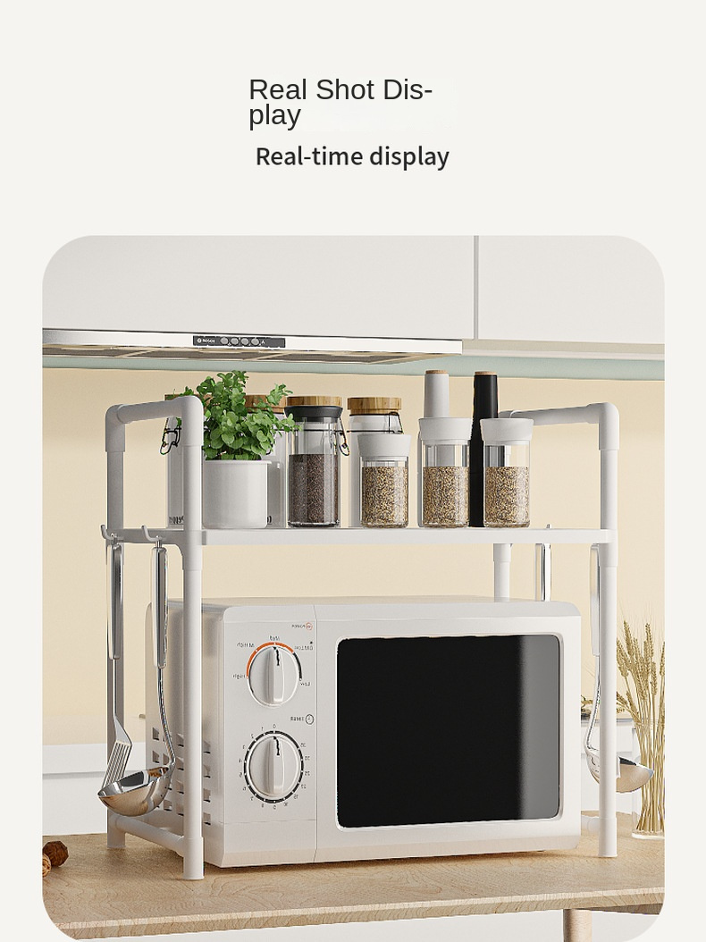 1  functional expandable microwave stand heavy duty 3 tier adjustable   with 8 hooks space saving kitchen organizer for   room types no electricity needed tiered shelf storage solution black details 9