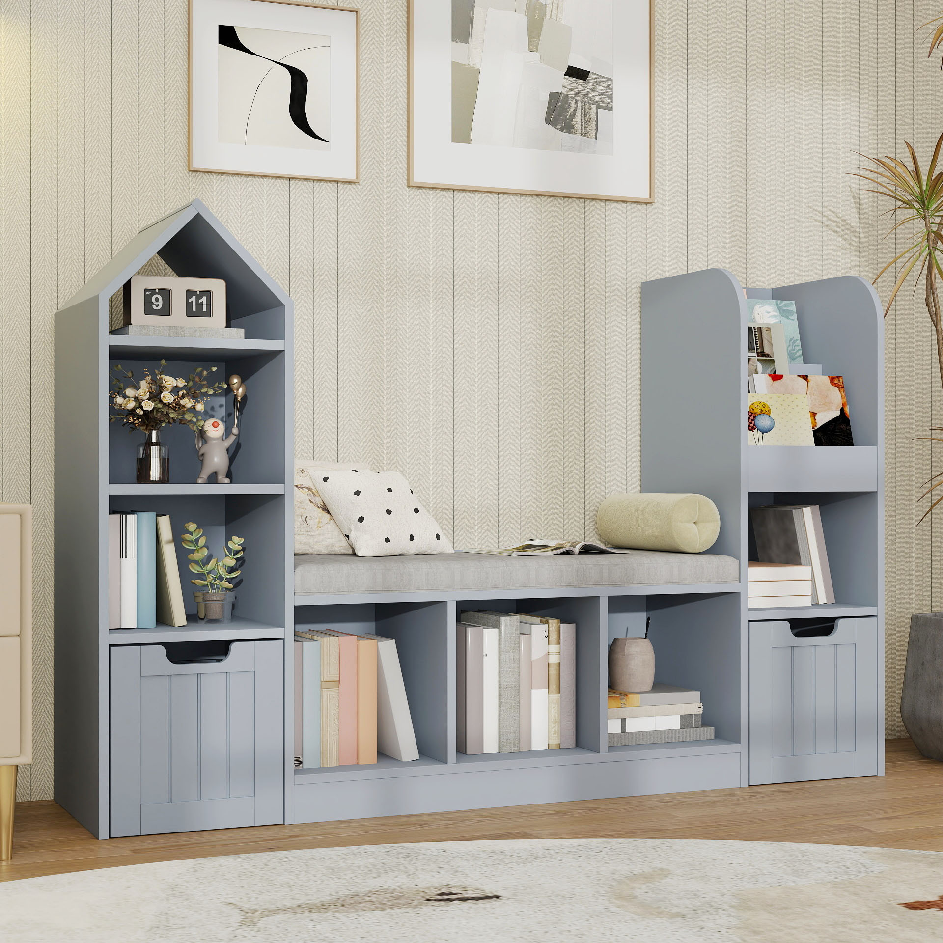 Nordic Style Bookcase with Reading Nook | Space-Saving Storage Cabinet with 7 Cubbies, 2 Movable Drawers & Seat Cushion, Multifunctional Organizer for Living Room, Bedroom, Office, Wood Color, Hardwood Material, VABCHES Brand